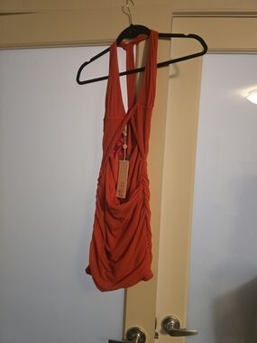 Orange Sleeveless Ruched Mini Dress